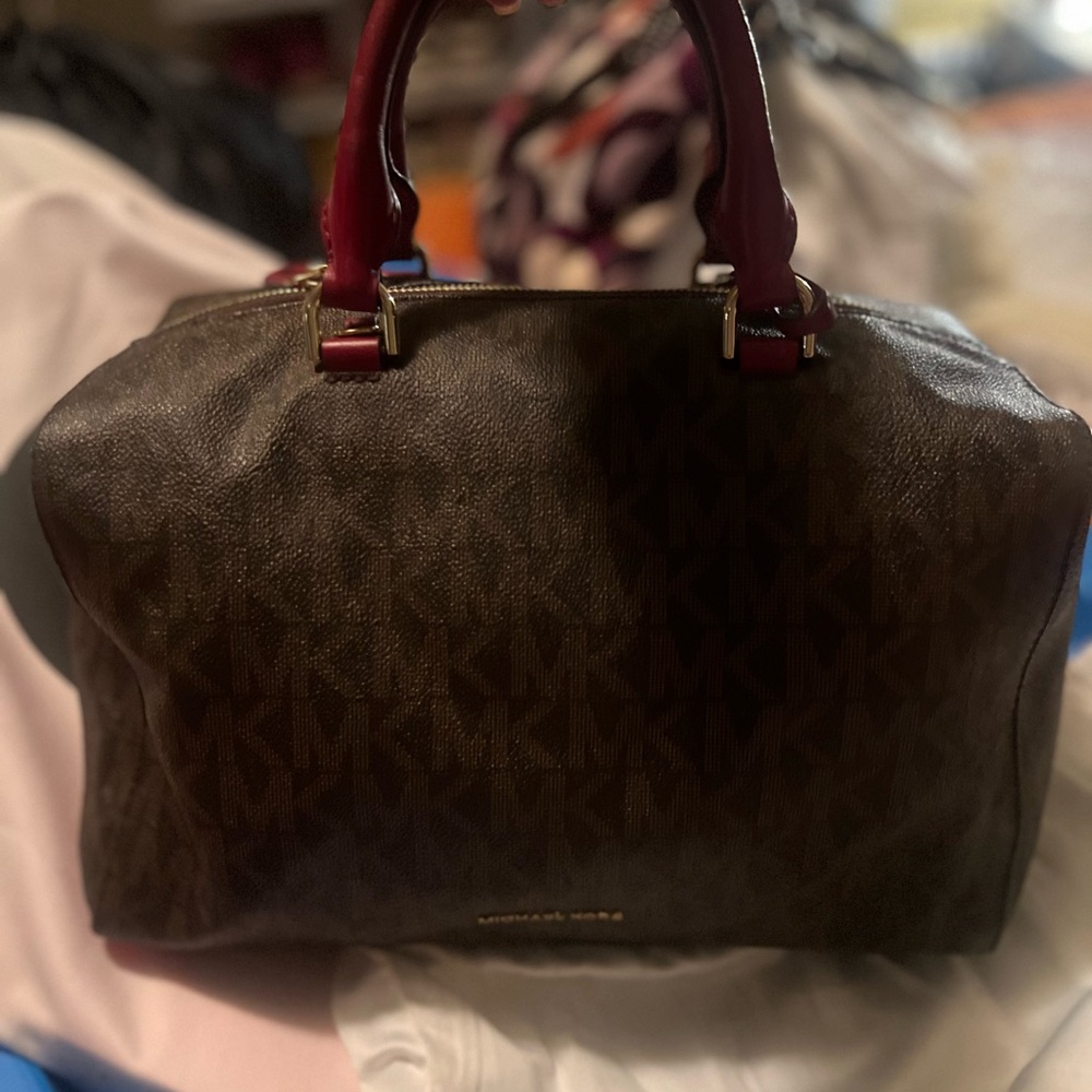 Michael Kors Brown and Red Satchel with Structured Design